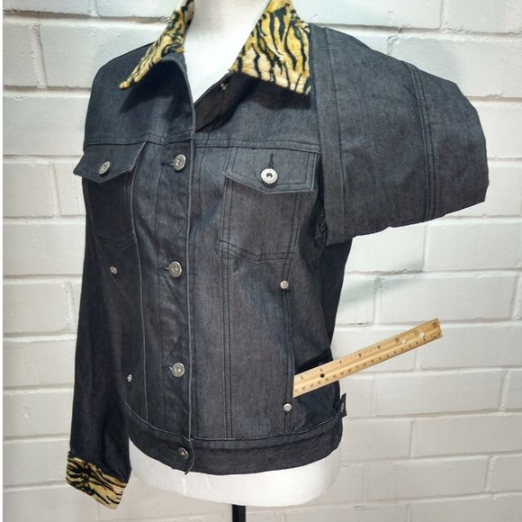 GUESS Black Denim Jacket Animal Print Trim Collared Womens Size M  CLEARANCE! - Picture 4 of 11